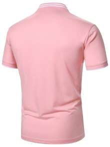 Calvornis 男士粉白條紋 Polo 衫，短袖夏季休閒拼色高爾夫 Polo 衫，學院風圖案通勤正式款，男友禮物，儀式感 - 粉色 - 查看 2