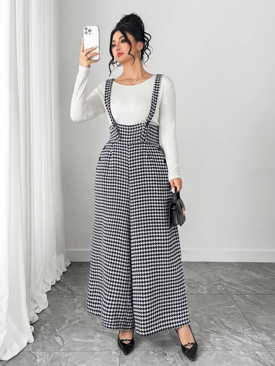 SHEIN PETITE CURVE 新款千鸟格休闲通勤优雅大码女式连体裤 - 黑與白 - 查看 1