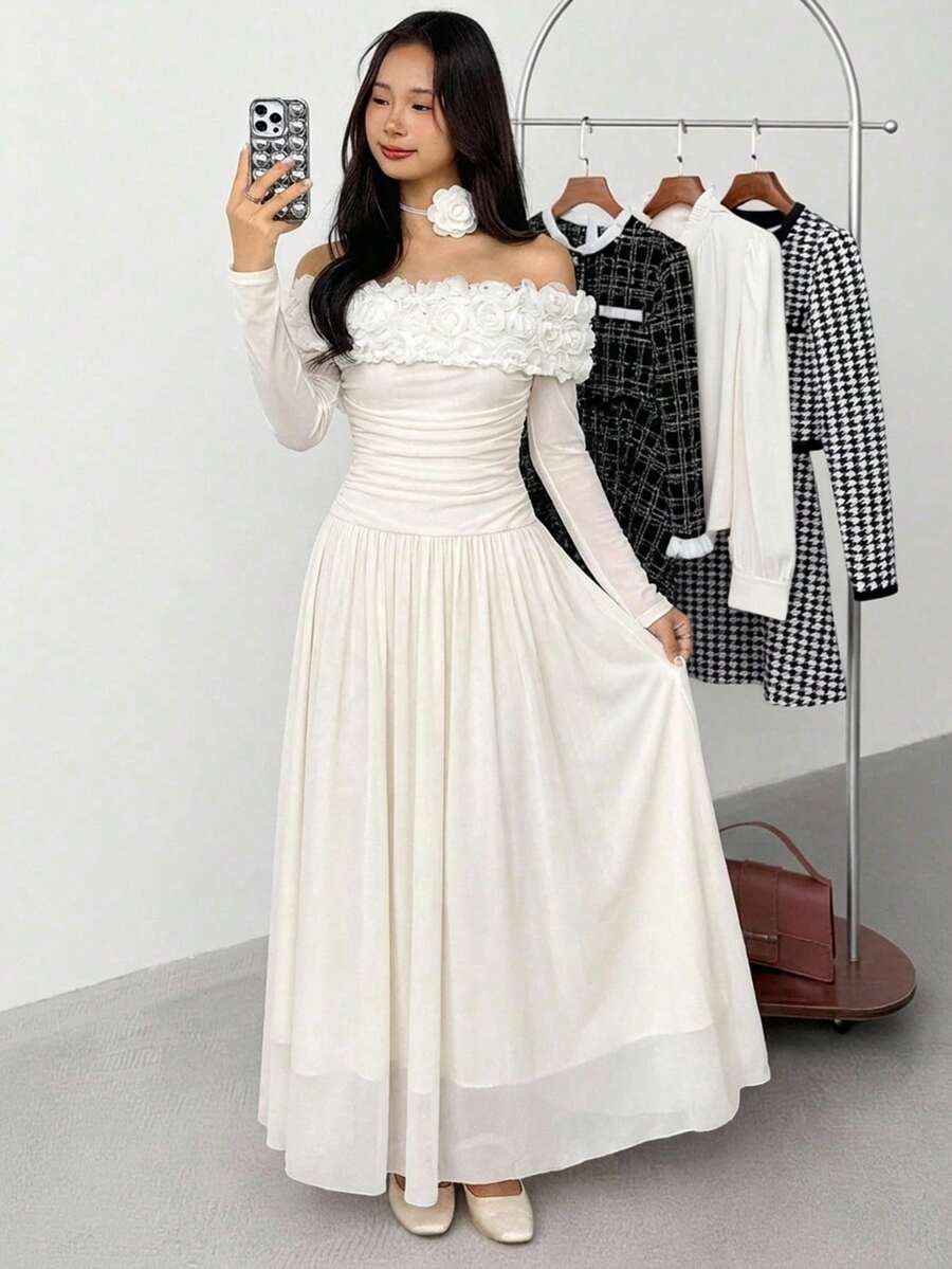 SHEIN فستان أنيق متوسط الطول بكتف مكشوف وخصر مجعد بطبعات زهرية للفتيات المراهقات - لون مشمشي - مشاهدة 1