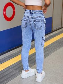 SHEIN Tween Girl Y2K Washed Stretchy High Waisted Skinny Cargo Jeans With Multiple Pockets, Fall Back To School Streetwear Girl Soft Dailywear And Summer And Spring - Blue - View 2