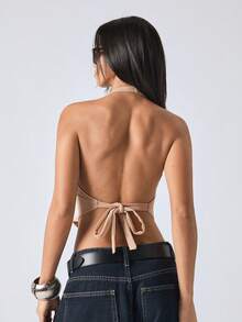 LYSMO 女士纯色简约休闲露肩背心 - 卡其色 - 查看 2