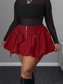 Maweii Chân váy mini màu đen có khóa kéo, viền bèo hoa, kiểu dáng năng động, gợi cảm, thiết kế độc đáo, có thể mặc ngoài hoặc mặc lót, phong cách đường phố, cỡ lớn, thích hợp cho mùa xuân/thu/đông. - Đỏ - Xem 4