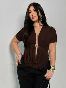 Firerie Plus Size Elegant Sexy Draped Neck Sleeveless Blouse With Metal Buckle Decor And Side Slit, Comfortable & Casual For Spring/Summer Sexy - Coffee Brown - View 7