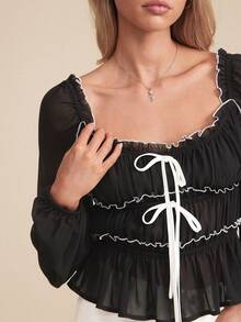 WESTFADE Sweetheart Neck Bow Front Long Sleeve Chiffon Top Winter, Spring, Resort, Valentine's Day, Cute, Boho, Cowgirl, Western Wear For Women, Nashville, Vacation - Black - View 3