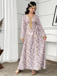 SHEIN Elegant Floral Print Long Sleeve Solid Color Comfortable Dress With Golden Waist Belt For Teen Girls, Suitable For Casual & Holiday Wear Purple Floral Dress Floral Purple Dresses Long Sleeve Floral Dress - Purple - View 4