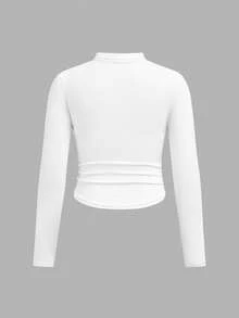 SHEIN Serisse Kids 少女领口褶皱基础款纯色针织T恤，适合秋冬季休闲日常穿着及上学穿着。 - 白色 - 查看 3