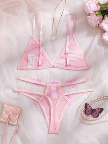 浪漫、纯净、性感 3D 蝴蝶装饰网纱文胸+丁字裤女士性感内衣套装 - 粉色 - 查看 2