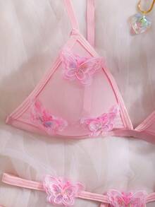 浪漫、纯净、性感 3D 蝴蝶装饰网纱文胸+丁字裤女士性感内衣套装 - 粉色 - 查看 4