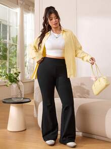 Solflare Plus Size Women High Waist Stretchy Casual Flare Pants, Versatile, Spring/Summer - Black - View 5