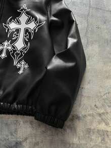 AXEPEAK Men's Casual Fashion Street Cross Print Zip-Up Jacket, Autumn - Black - View 8