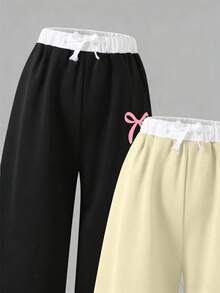 SHEIN 2 chiếc quần nỉ cỡ lớn dành cho bé gái, kiểu dáng thường ngày, đa năng, in họa tiết đường phố, ống rộng, cạp quần phối màu tương phản, thích hợp cho mùa Thu/Đông. - Nhiều màu - Xem 5