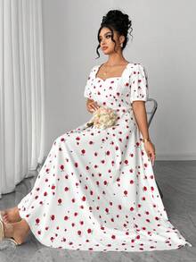 Elenzga Đầm maxi dáng chữ A tay phồng cổ vuông in hoa hồng dành cho nữ cỡ lớn, kiểu dáng cổ điển thanh lịch ngọt ngào lãng mạn, thích hợp cho hẹn hò, dự tiệc, kỳ nghỉ, đi biển, mùa xuân/hè. - Đỏ và trắng - Xem 4