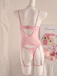 PetitDoll Valentine's Day Sexy Sweet Charming Girly Valentine's Day Heart Embroidery Mesh Patchwork Garter Bra + G-String + 2pcs Leg Rings 4pcs Women Lingerie Set