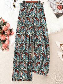 Linhara 大码女士度假风腰部抽绳系带腰果印花阔腿裤 - 彩色 - 查看 2