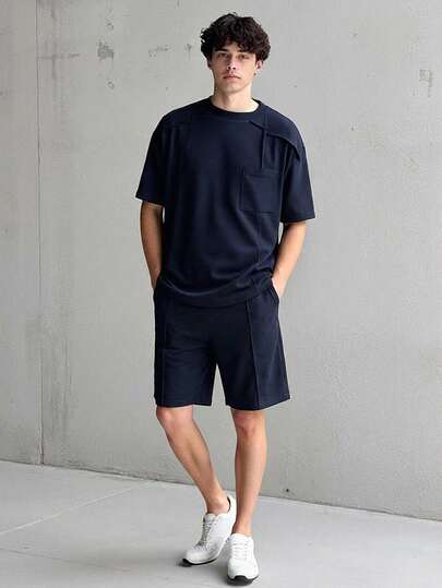 Vacaura 2pcs/Set Teenage New Arrival Round Neck Pleated T-Shirt Top And Casual Sports Shorts Set Mens T Shirt Shorts Set T Shirt And Shorts Set