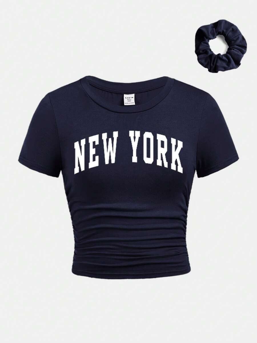 Girlism Áo thun ngắn tay cổ tròn ôm dáng thoải mái cho bé gái tuổi teen, có bèo nhún bên hông và dây buộc tóc. - Màu xanh hải quân - Xem 1