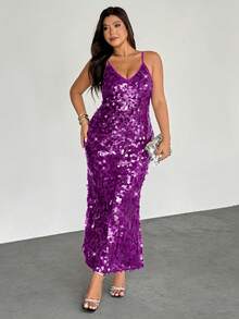 Firerie 大码亮片刺绣女士舞会礼服，吊带深V领长款连衣裙，优雅露背鱼尾晚礼服，超长正式舞会礼服，婚礼宾客礼服，优雅百搭，适合通勤、约会、派对、婚礼季、毕业典礼、舞会、演出、音乐会、工作场合、返校季、年会、女士生日礼服 - 紫色 - 查看 6