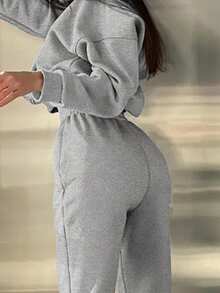 BamGleam Paris Minimalist Digital Print Front Casual Comfortable Versatile Streetwear Women Fleece Sweatshirt & Pants Set Fall Cloth For Women - Light Grey - View 5