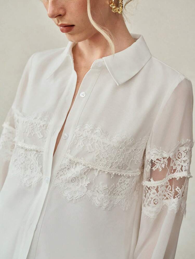 BEIGE CONTRAST LACE WOMEN SHIRT