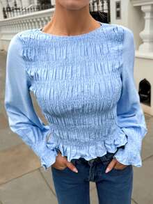 Siren Gaze Women's Solid Color Round Neck Pleated Long Sleeve Fashion Blouse Spring Casual Smocked Top Baby Blue Top Women Ruffle Blouse Blue Long Sleeve Top Light Blue Blouse - Blue - View 6