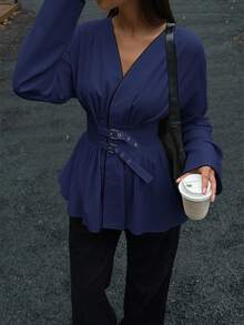 Siren Gaze Women's Cotton Contrast Trim Waist Shirt, Autumn/Winter New Arrival Spring - Navy Blue - View 6