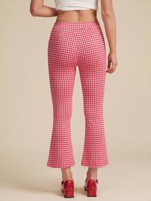 WESTFADE 刺绣镂空格纹修身喇叭七分弹力裤 - 紅白色 - 查看 4