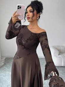 Modelyn Plus Size Women's Sexy Brown Asymmetric-Shoulder Mesh Embroidered Long Sleeve High Waist Slim Dress - Brown - View 4