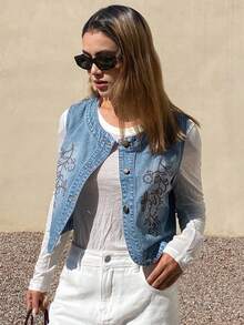 DAZY Women's Round Neck Cropped Floral Embroidered Sleeveless Open Front Casual Vacation Denim Top - Medium Wash - View 3