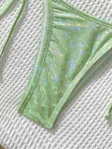 Swim SXY Women's Summer Beach 3D Floral Decor Halter Tie Sexy Bikini Swimsuit Set New Women's Swimwear ArrivalFor School,Suitable For Holiday, Date, Afternoon Tea, Western, Cruise, Beach, Island, Road Trip, All Seasons, Music Festival, Boho Vacation,Bohemian Vacation, Chill Autumn ,Western Boho ,Elegant Tops For Women Sequin Bikini Glitter Bikini Rhinestone Bikini Y2k Bikini - Green - View 6