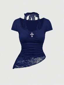 ROMWE Grunge Punk Gothic Cross Pendant Lace Patchwork Mock Neck Fitted Women T-Shirt - Blue - View 1