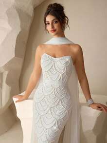 Coutiva Elegant And Sexy Strapless Backless Suspender Dress With Fan-Shaped Pearl Ribbon Design And Bodycon Straight Hem, Suitable For Birthday Party Dresses, Music Festival Dresses, Valentine's Day Dresses, Graduation Ceremony Dresses, Cocktail Parties, Parties, Dinner Dresses, Gatherings, And Daily Wear. Pearl Dress Glamorous Dress Elegant Dresses Luxury Dresses Gowns - White - View 7