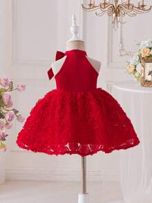 Baby Girl Elegant Cute Mesh Red 3D Rose Dress - Red - View 2