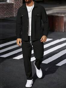 Manfinity Homme 2pcs Men's Corduroy Work Shirt Set - Black - View 7