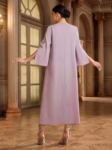 Al Najma Women's Elegant Arabic Style Dress With 3D Floral Decor And Side Slit, 3/4 Sleeve Formal Elegant Party Uxury Evening Dresses Wedding Party Dress - Coral Pink - View 3