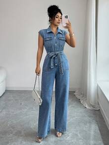 Elenzga 女士休闲水洗无袖牛仔连体裤