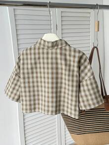 SHEIN 少女休闲日常时尚复古驼色白格子短袖衬衫 - 駝色 - 查看 2
