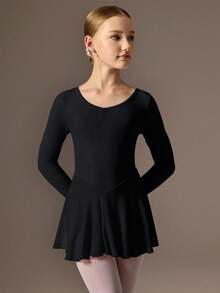 SHEIN Tween Girls Long Sleeve Pink Ballet Dance Dress, Round Neck With Ruched Bust Design, Cute Bow Back Design, Soft & Lightweight Mesh Skirt With Snap Crotch, High Stretch & Skin-Friendly, Suitable For Dance, Yoga & Activewear - Black - View 5