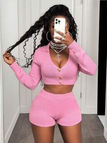 SHEIN BamGlam 2 piezas Conjunto de suéter para mujer - Cárdigan polo corto de manga corta ajustado color rosa y shorts casuales sexy y minimalistas - Rosa - Ver 4