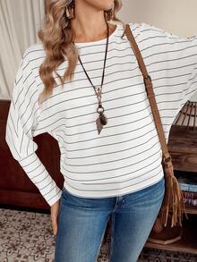 LanaWest 女士圆领蝙蝠袖条纹休闲上衣，适合日常穿着 - 黑與白 - 查看 4