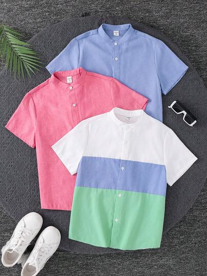 SHEIN 3pcs Kids Tween Boy Buy 2 Get 1 Free Casual School Comfort Contrast Color Solid Mandarin Collar Loose Short Sleeve Woven Shirt Set, White Shirt, Blue Shirt, Pink Shirt, Suitable For Spring/Summer, Outings, Valentine's Day, Dates, Travel, Vacation, Family Gatherings, Back To School, Weddings, Formal Events, Sports, Birthday Parties, Christenings