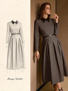MOTF PREMIUM WOMEN'S CONTRAST COLLAR FOLD PLEATED DRESS - Brown - View 5