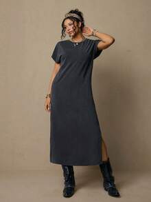 Freevana 大码纯色短袖露背蝴蝶结装饰圆领开衩下摆连衣裙 - 深灰色 - 查看 3