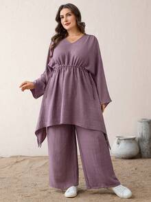 SHEIN Essnce 大码女装春秋时尚优雅宽松舒适日常V领收腰长袖不规则下摆上衣搭配阔腿裤浅紫色两件套，春季穿搭，裤装套装 - 紫色 - 查看 3