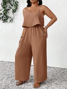 SHEIN Frenchy 大码女式休闲度假纯色纹理连体裤 - 棕色 - 查看 6