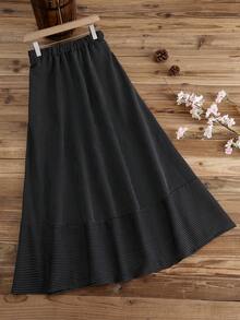 Lacomfia 大码休闲条纹印花弹力腰A字半身裙，春秋季 - 黑與白 - 查看 1