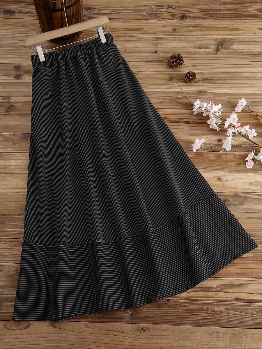 Lacomfia 大码休闲条纹印花弹力腰A字半身裙，春秋季 - 黑與白 - 查看 1