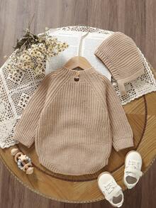 SHEIN Vintaside Kids 2件套婴儿灰色毛衣连体衣，长袖连帽连体衣，休闲简约风 - 卡其色 - 查看 2
