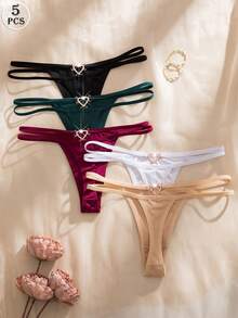 MidnightGlam 5pcs/Set Comfortable Heart Rhinestone Decor Romantic Solid Color Women's G-String Sexy Panties, Lingerie For Women,Sexy,Valentine's Day,Wedding - Multicolor - View 2