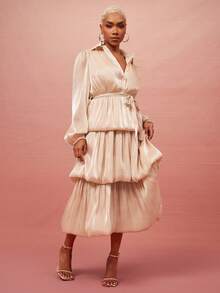 Vixey 象牙色欧根纱半开襟灯笼袖层叠泡泡下摆中长连衣裙