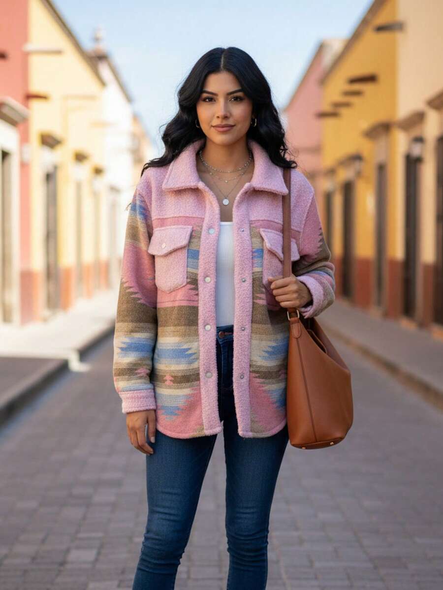 Mujer Chaqueta-Camisa Estilo Casual Acogedor con Patrón Estripado Corte Amplio Manga Larga Temporada Otoño-Invierno Uso Informal - Rosa - Ver 1